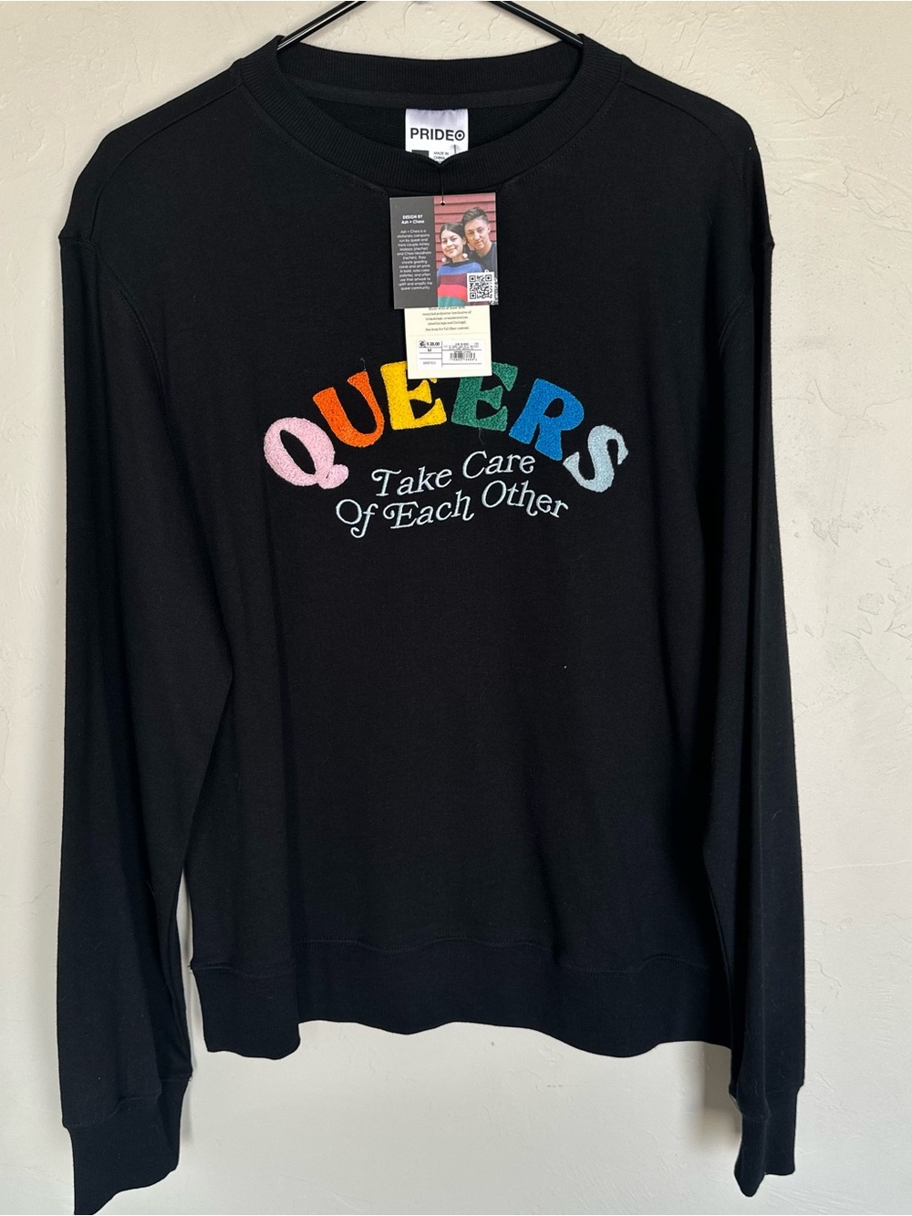 Black Crewneck Sweatshirt with Rainbow 'QUEERS' Embroidery